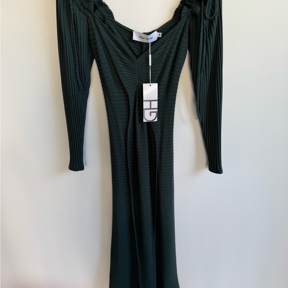 Chic Dark Green Ribbed Long Sleeve Dress